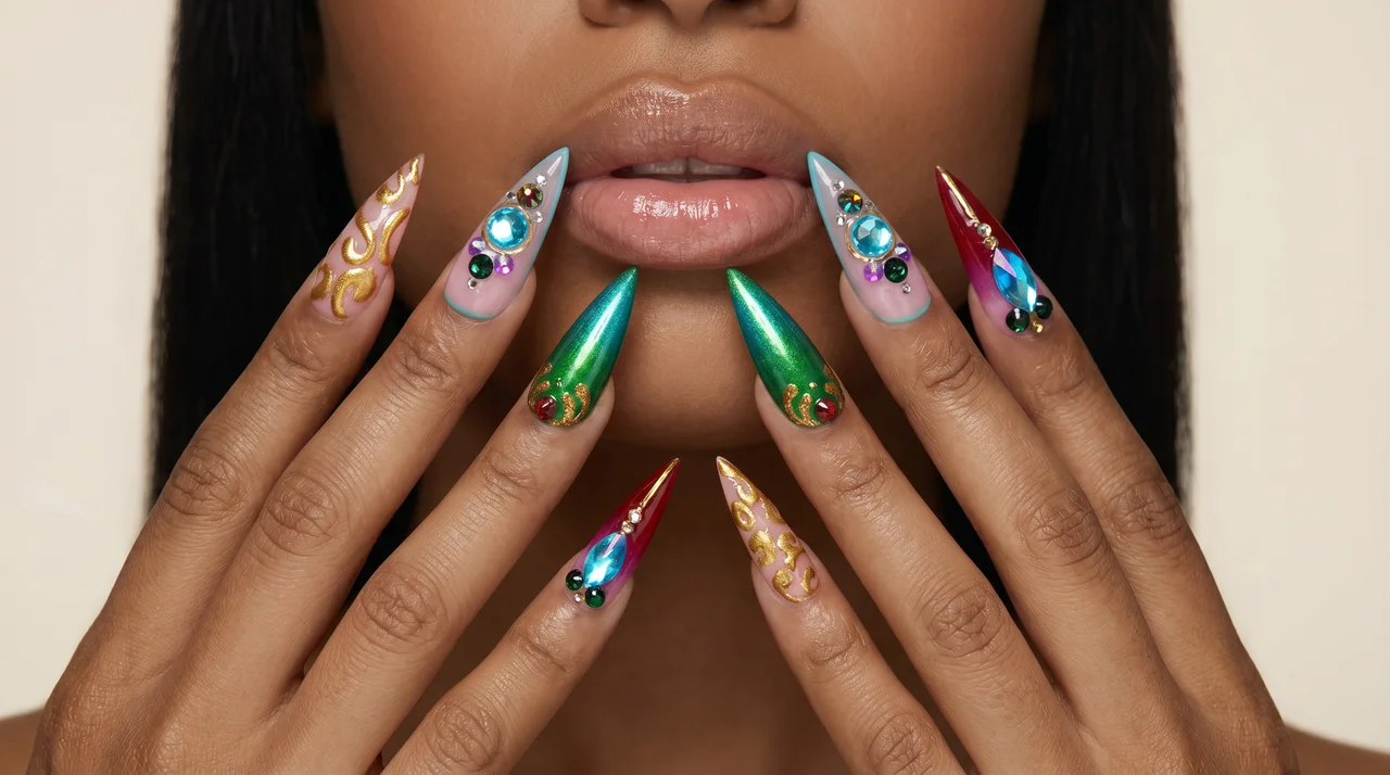 Woman wearing luxury emerald and gold TIPZEE press-on nails