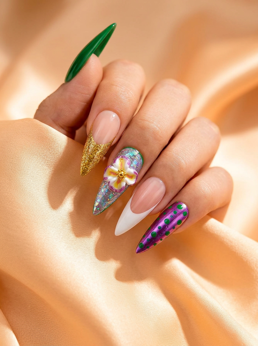 The Emerald Heir Collection — emerald press-on nails on champagne silk